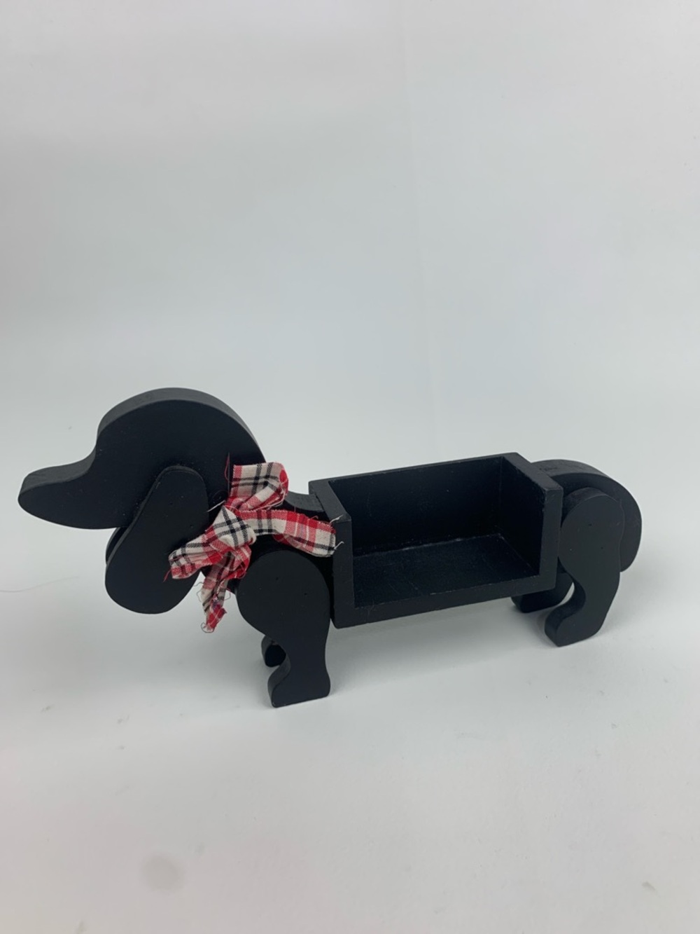 Black Dachshund Wooden Trinket Dish decoration with red Plaid Bow